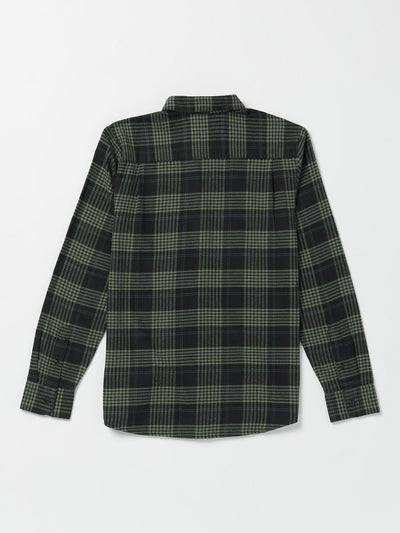 Close-up of Caden Plaid L/S Woven Dark Olive L/S Woven showing Black and dark olive plaid woven shirt with collar and long