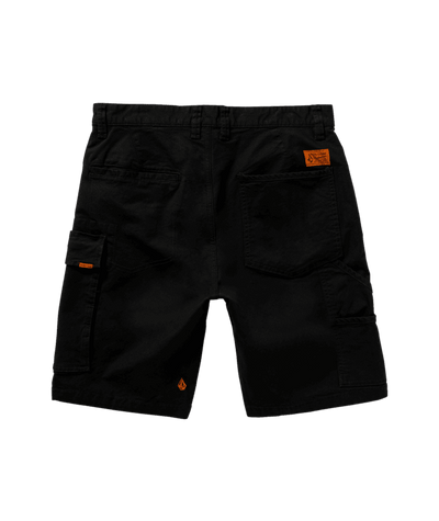 Back of Caliper II Relaxed Work Short Shorts Black Shorts, Black cargo shorts with orange label patch on right back pocket