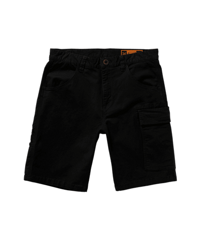 Caliper II Relaxed Work Short Shorts front view, Black work shorts with orange size label and cargo pocket detail on thigh,