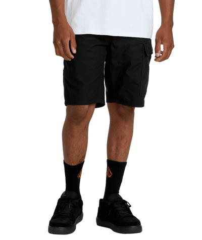 Person wearing Caliper II Relaxed Work Short Shorts Black Shorts, Black shorts with cargo pockets worn with white tee and