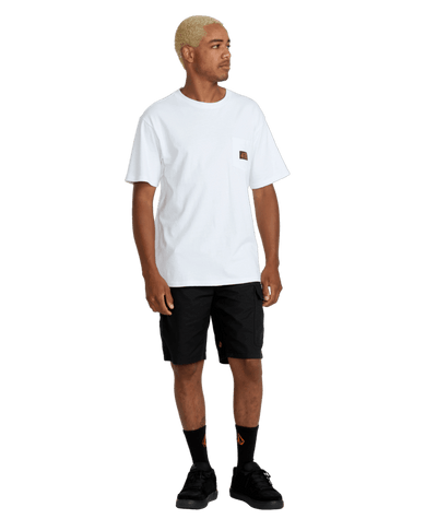 Person wearing Caliper II Relaxed Work Short Shorts Black Shorts, White studio background with neutral lighting - Slowride