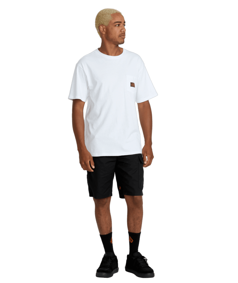 Person wearing Caliper II Relaxed Work Short Shorts Black Shorts, White studio background with neutral lighting - Slowride