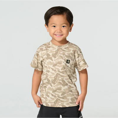 Camo T-shirt SS Kids front view, Tan and brown camouflage print with small black chest patch pocket, Mossy Oak DNA Print