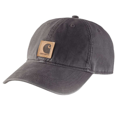 Canvas Cap front view, Charcoal canvas with tan leather patch featuring embossed "C" logo on front panel, Brown Hat -