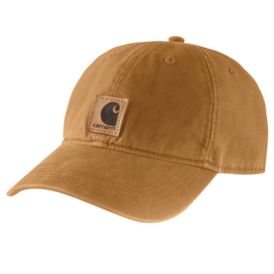 Close-up of Canvas Cap Brown Hat showing Tan canvas with leather patch label on front, stitched seams, six-panel