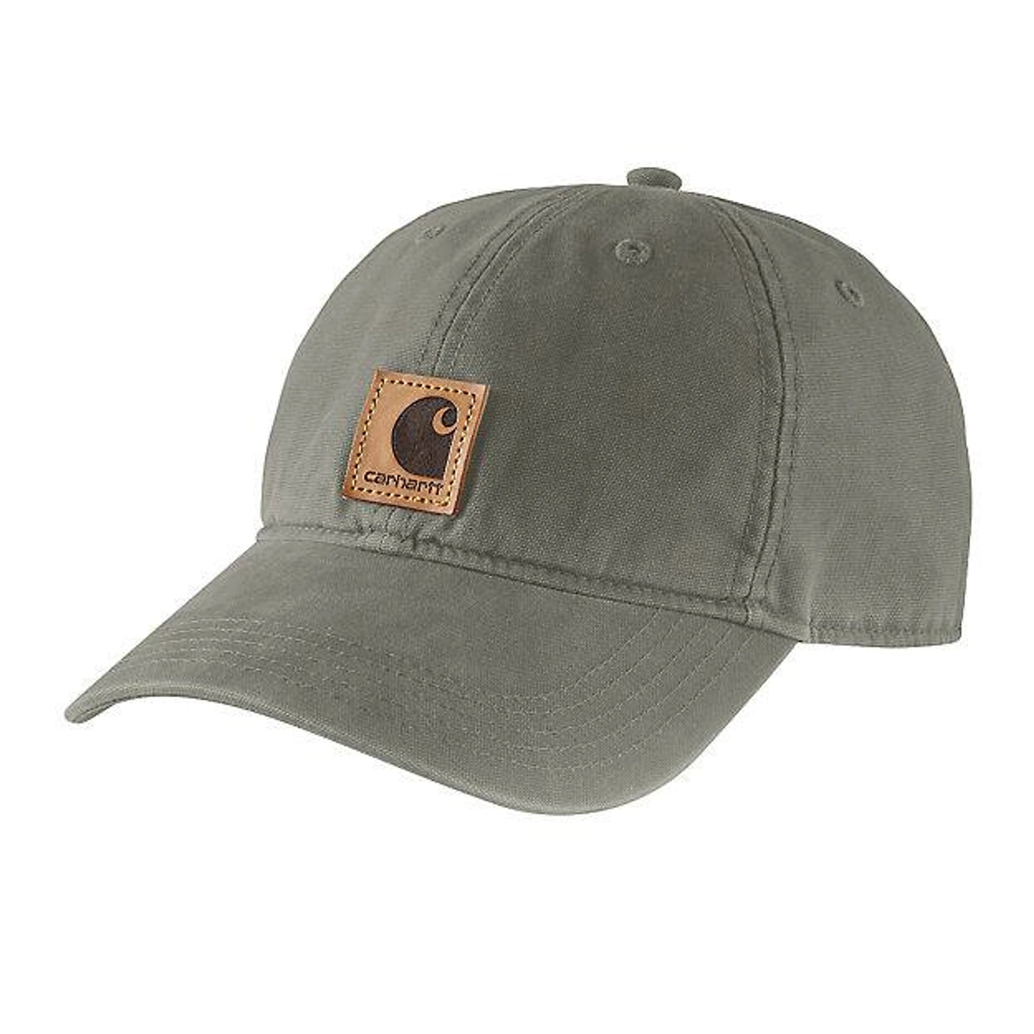Close-up of Canvas Cap Brown Hat showing Tan canvas with brown leather patch featuring embroidered logo and text detail -