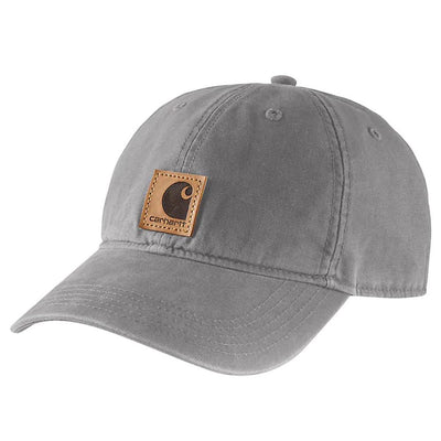 Close-up of Canvas Cap Brown Hat showing Gray canvas cap with tan leather patch featuring brown "C" logo and stitched border