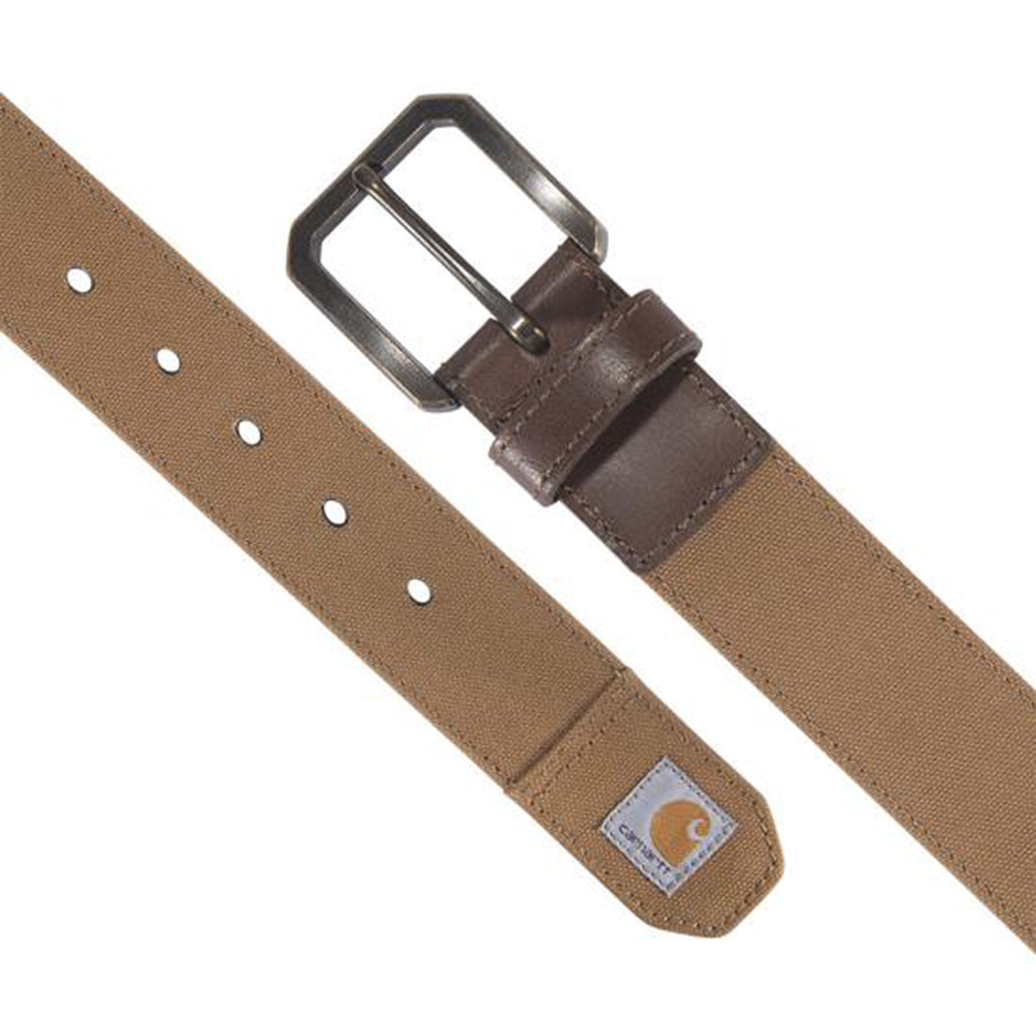 Close-up of Canvas Duck Belt Accessory Brown Accessory showing Tan canvas belt with dark brown leather keeper and gunmetal