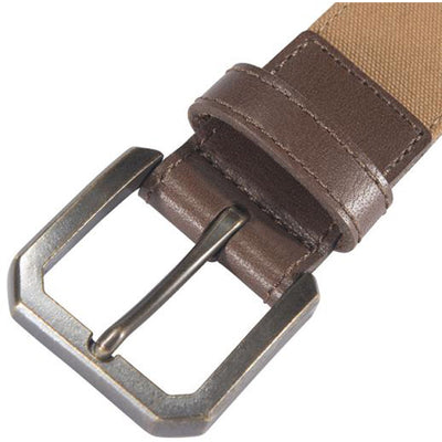 Close-up of Canvas Duck Belt Accessory Brown Accessory showing Tan canvas strap with brown leather keeper and antique brass