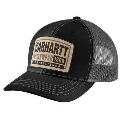 Back of Canvas Mesh-back Workwear Patch Cap Apparel Carhartt Brown Apparel, Gray mesh back panel with ventilation holes