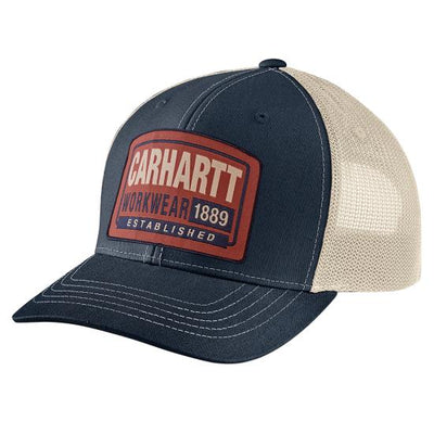 Close-up of Canvas Mesh-back Workwear Patch Cap Apparel Carhartt Brown Apparel showing Navy canvas front with red woven