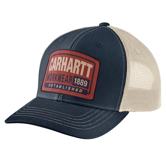 Close-up of Canvas Mesh-back Workwear Patch Cap Apparel Carhartt Brown Apparel showing Navy canvas front with red woven