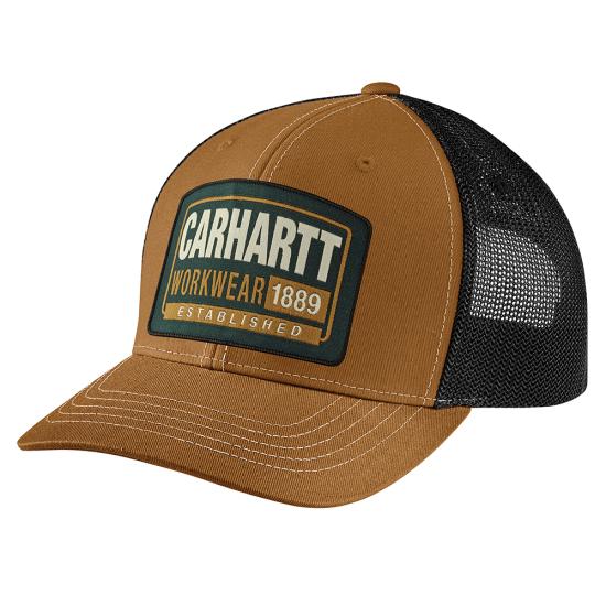 Canvas Mesh-back Workwear Patch Cap Apparel front view, Brown canvas front with black mesh back panel and rectangular