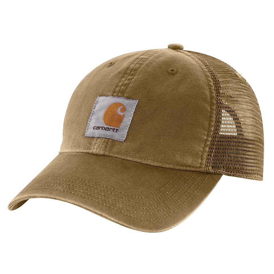 Close-up of Canvas Mesh Black Hat showing Tan canvas front with mesh back panel, orange square logo patch on crown -