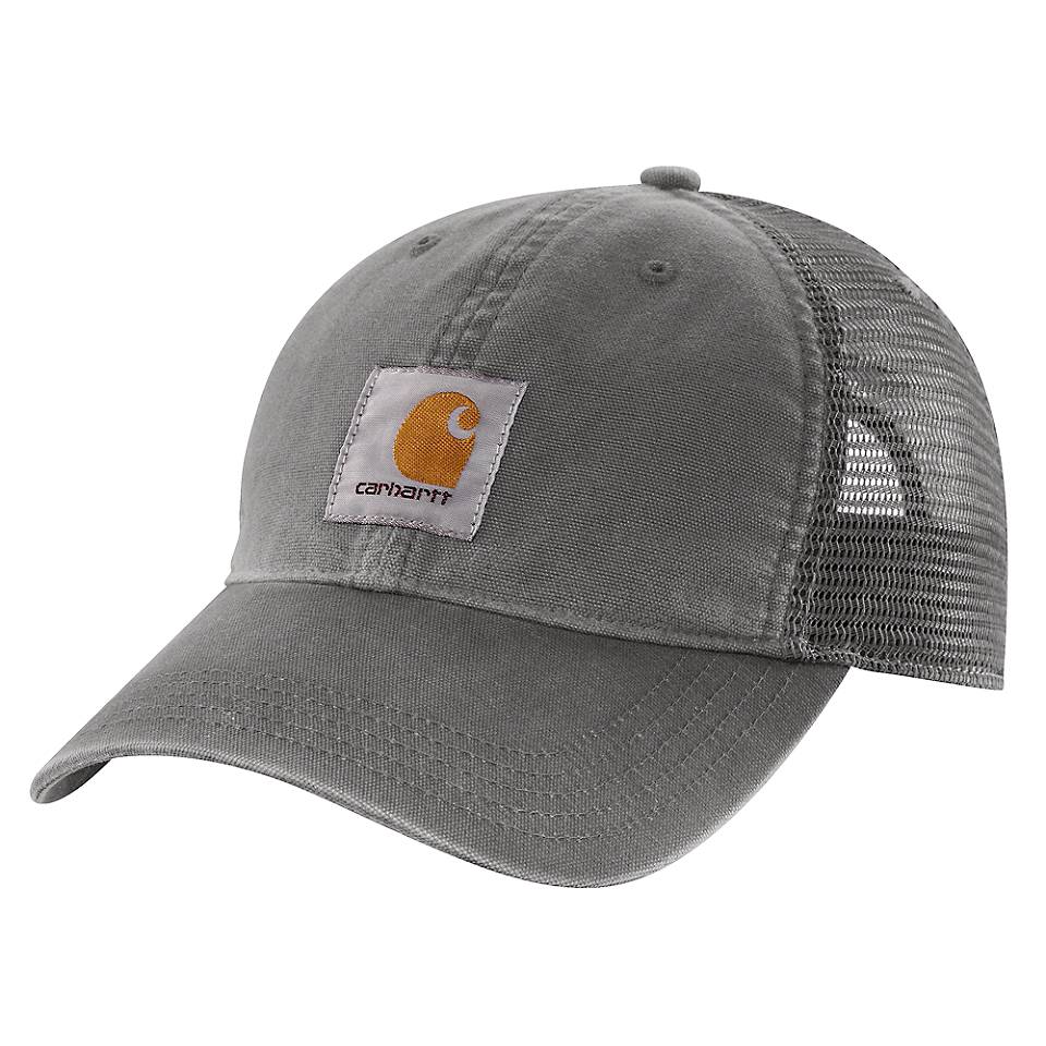 Close-up of Canvas Mesh Black Hat showing Washed gray canvas front with mesh trucker back, orange embroidered logo on