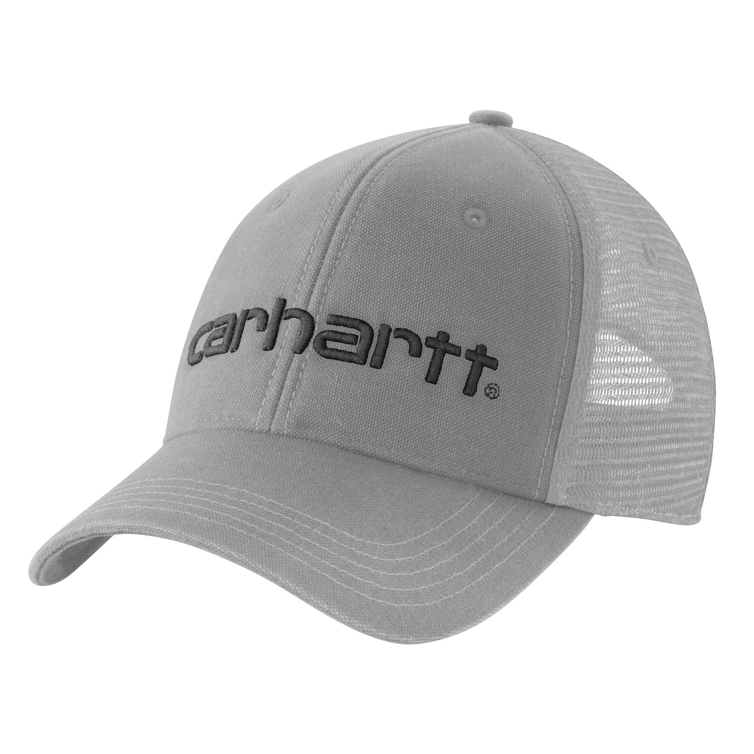 Canvas Meshback Logo Graphic Cap front view, Grey with embroidered charcoal text and registered trademark symbol on front