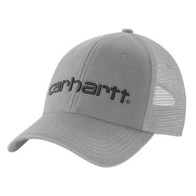 Canvas Meshback Logo Graphic Cap front view, Grey with embroidered charcoal text and registered trademark symbol on front