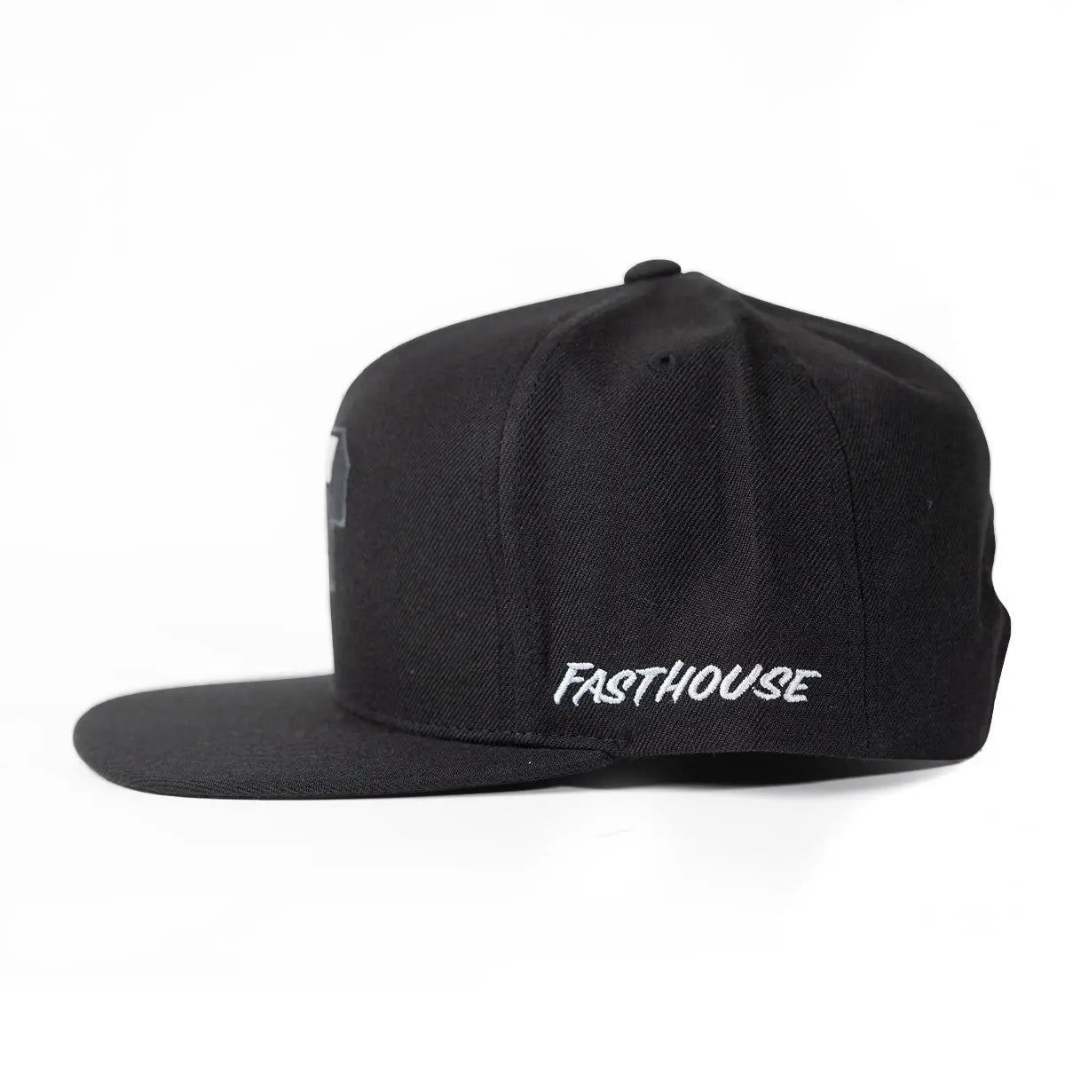 Close-up of Capital Hat Apparel Black Apparel showing Black snapback with white italic text on front, gray patch visible on