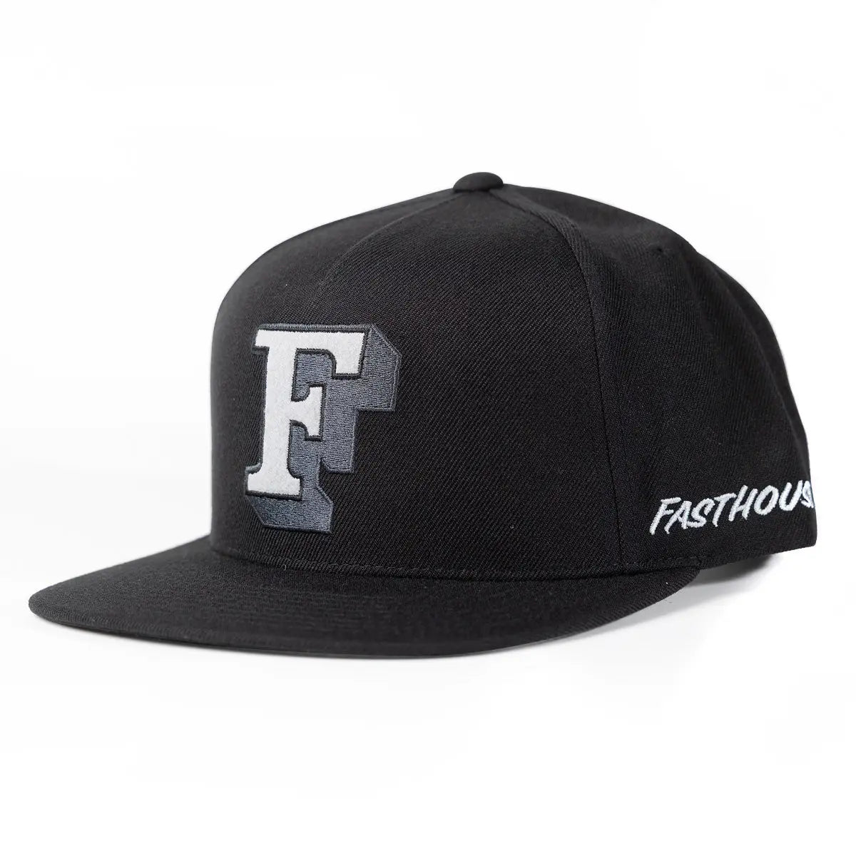 Capital Hat Apparel front view, Black with white and gray embroidered F letter, white script text on side, Black Apparel -