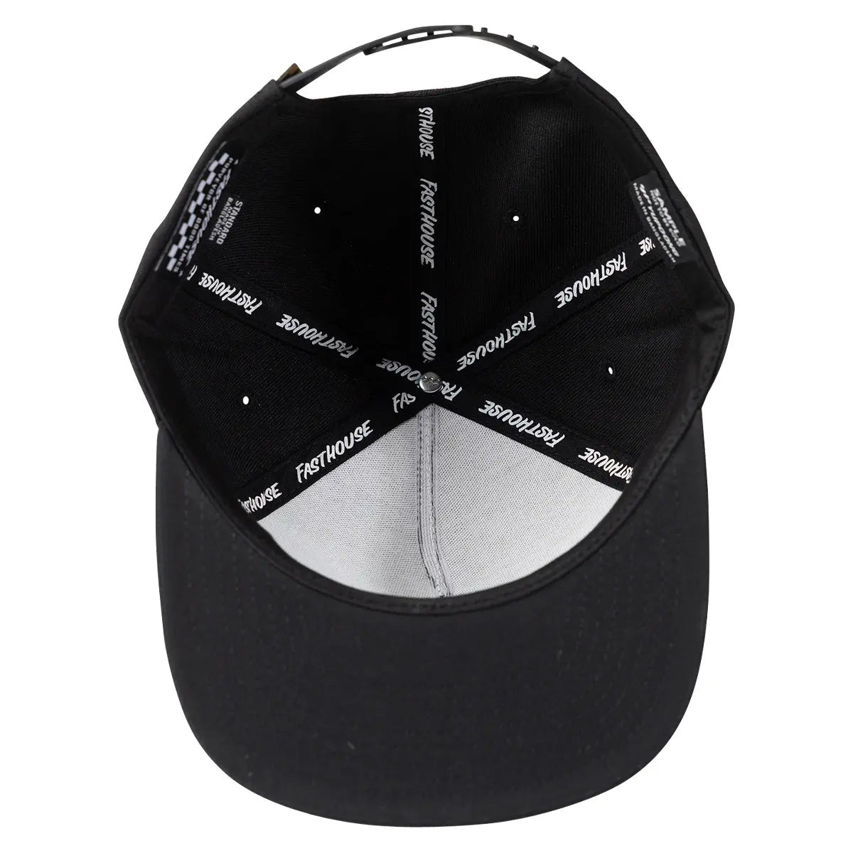 Close-up of Capital Hat Apparel Black Apparel showing Black nylon cap with white text tape trim reading "Fasthouse" along