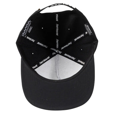 Close-up of Capital Hat Apparel Black Apparel showing Black nylon cap with white text tape trim reading "Fasthouse" along