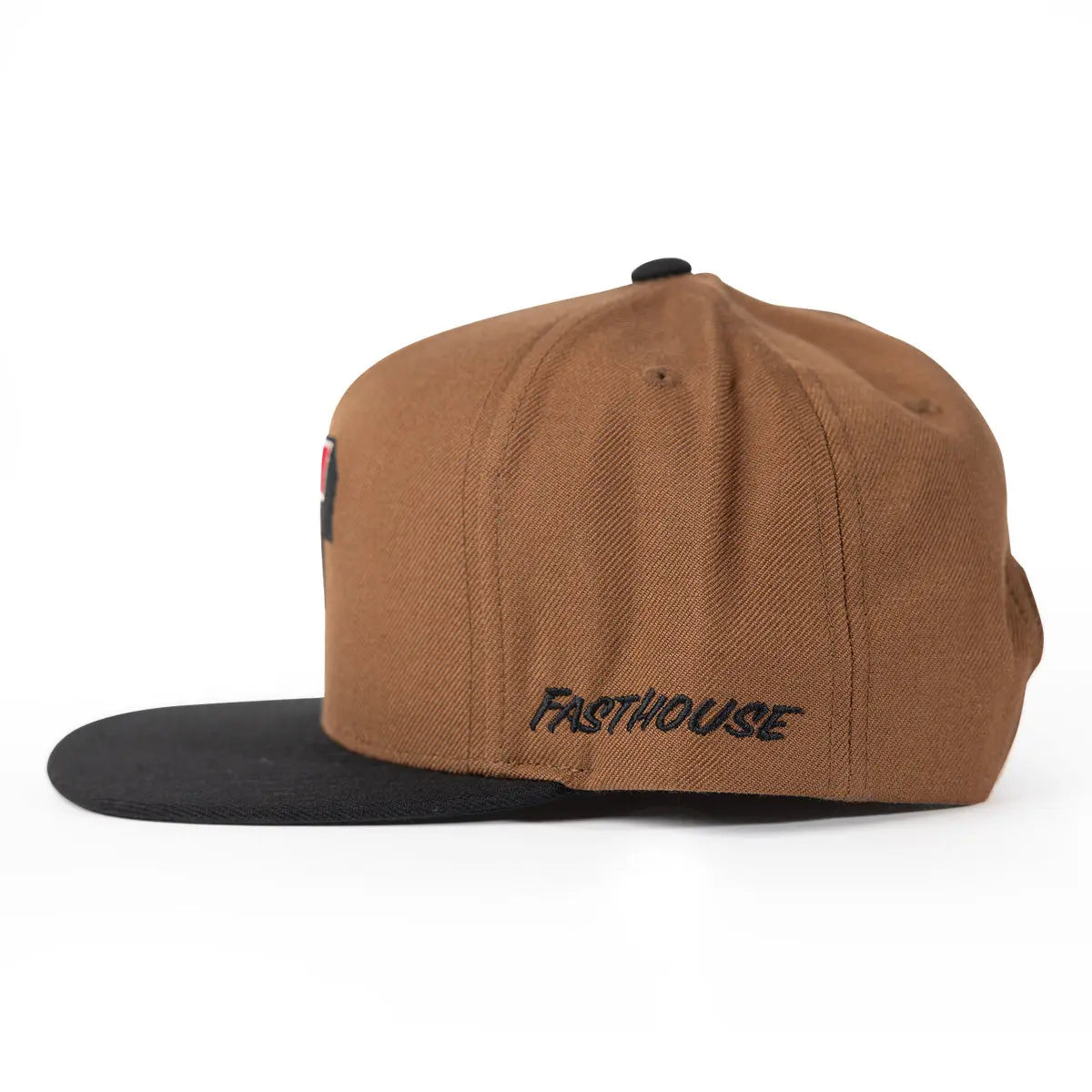 Close-up of Capital Hat Apparel Black Apparel showing Tan crown with black visor, embroidered script text on side panel,