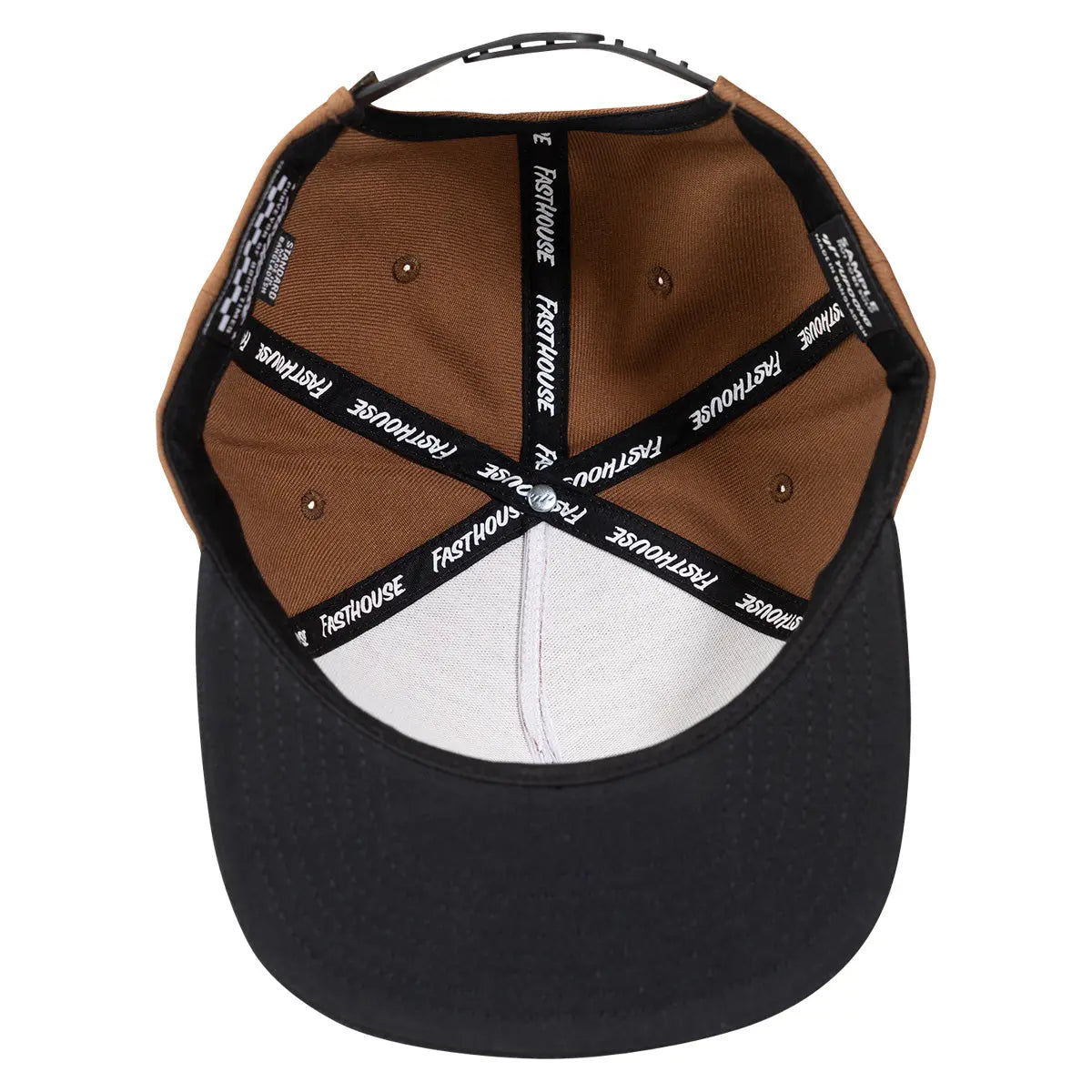 Close-up of Capital Hat Apparel Black Apparel showing Brown corduroy panels with black and white text webbing, white inner