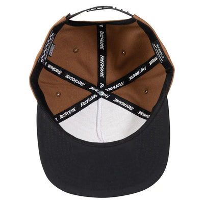 Close-up of Capital Hat Apparel Black Apparel showing Brown corduroy panels with black and white text webbing, white inner