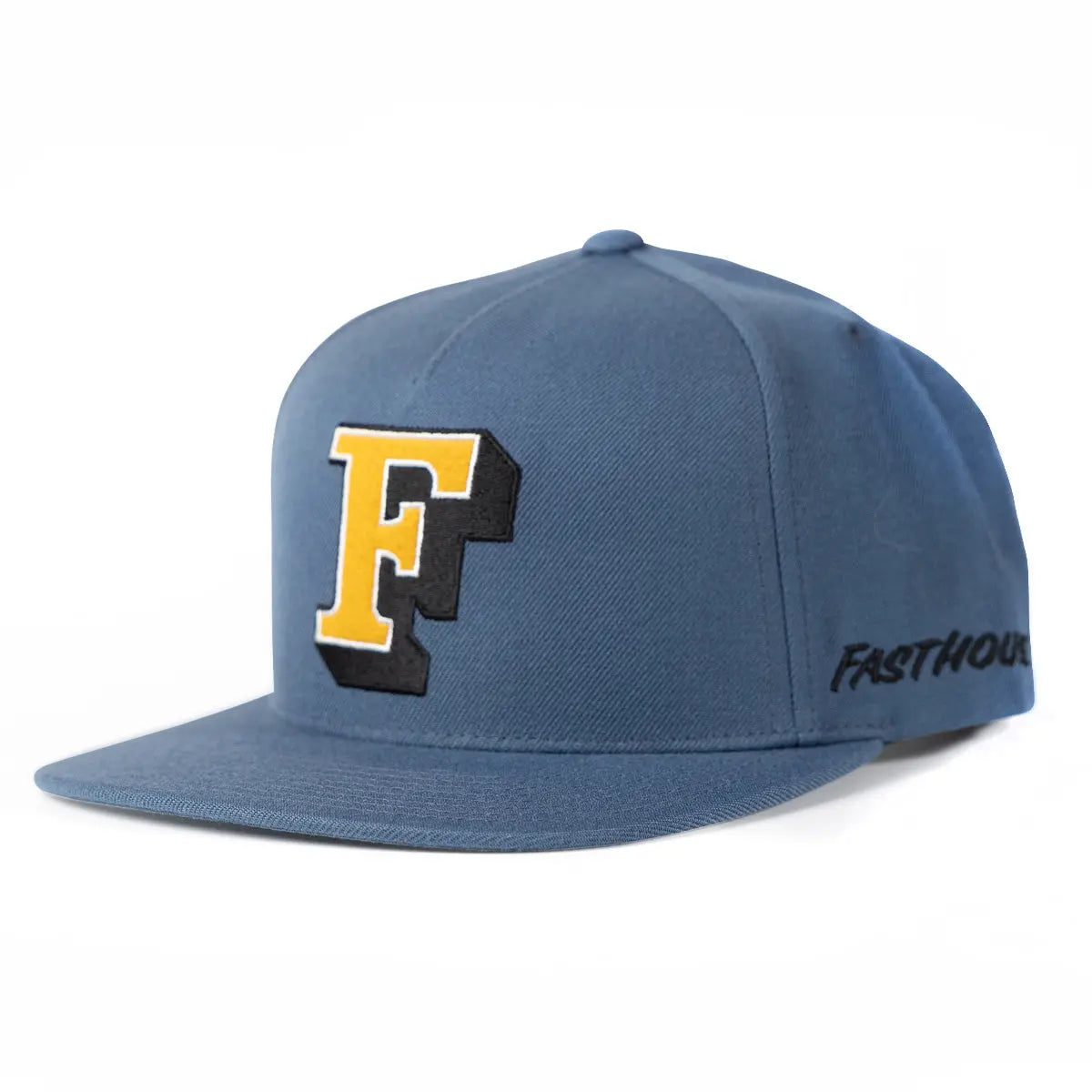 Close-up of Capital Hat Apparel Black Apparel showing Slate blue cap with yellow and black letter F emblem, side text