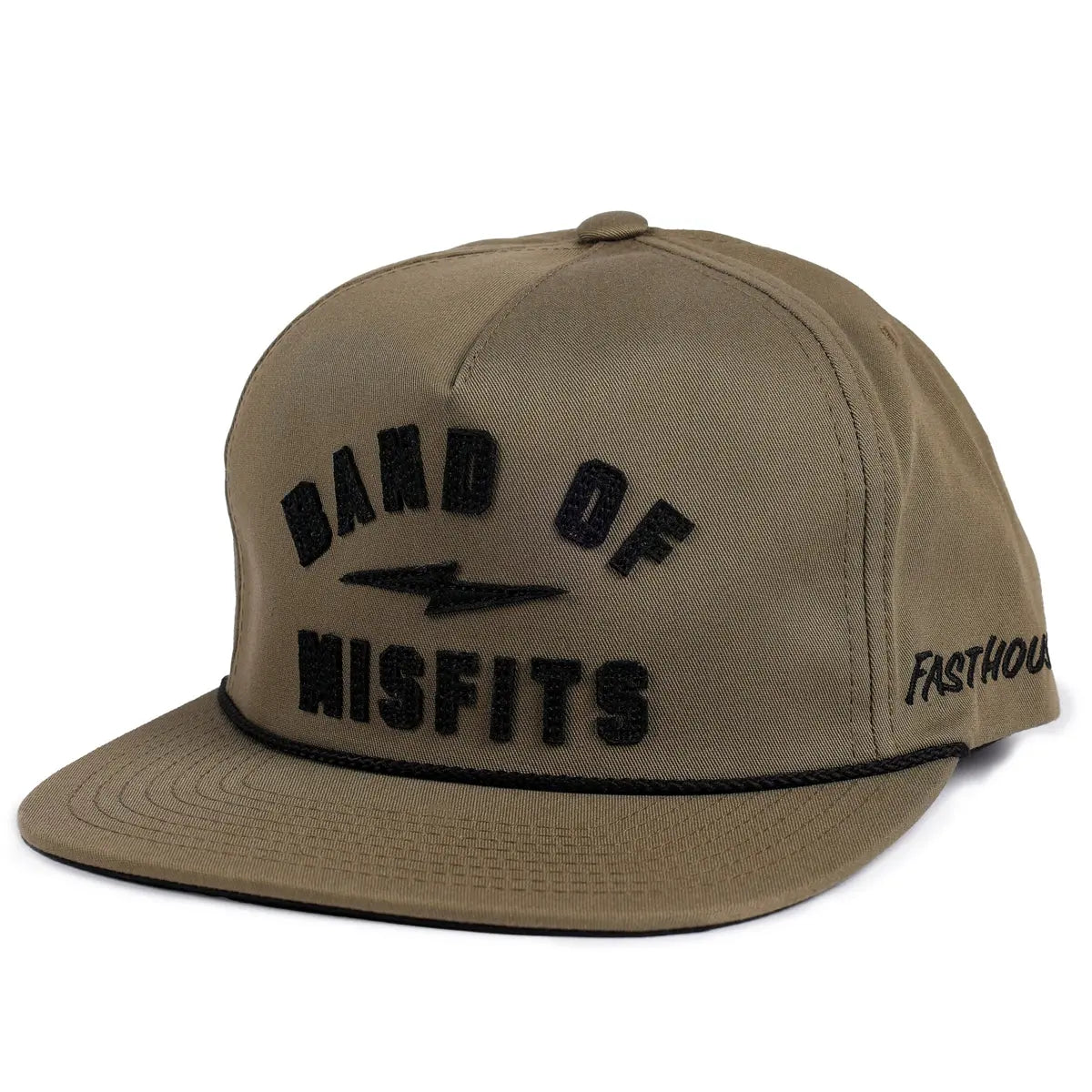 Capone front view, Olive cap with black embroidered text reading "BAND OF MISFITS" and graphic slash accent, Olive Hat -