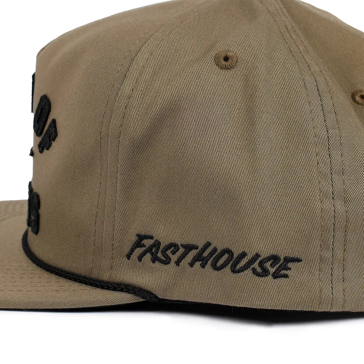 Close-up of Capone Olive Hat showing Black embroidered script text on olive cotton twill cap visor - Slowride Supply