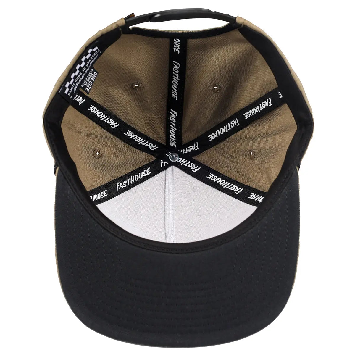 Close-up of Capone Olive Hat showing Black bill with tan panels and black webbing straps featuring repeating text across