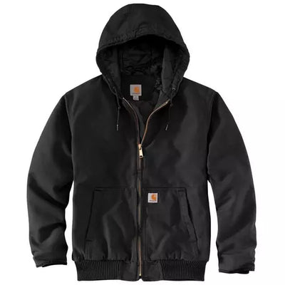 J130 Washed Duck Insulated Active front view, Black washed duck hooded jacket with tan label pocket and drawstring hood,