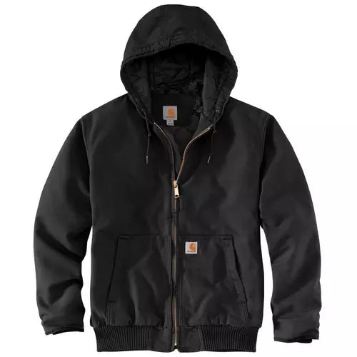 J130 Washed Duck Insulated Active front view, Black washed duck hooded jacket with tan label pocket and drawstring hood,