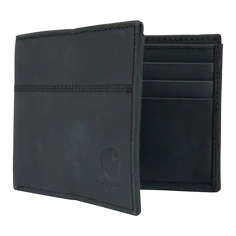 Close-up of Saddle Leather Bifold Wallet Accessory Brown Accessory showing Black leather bifold wallet with braided leather