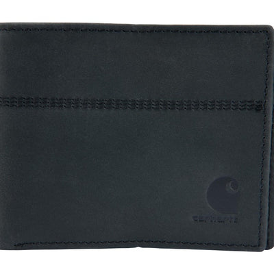 Back of Saddle Leather Bifold Wallet Accessory Brown Accessory, Blank back with stitched seam detail and embossed logo at