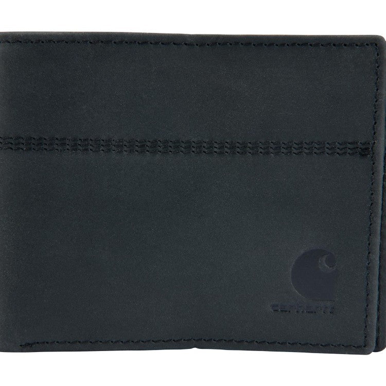 Back of Saddle Leather Bifold Wallet Accessory Brown Accessory, Blank back with stitched seam detail and embossed logo at
