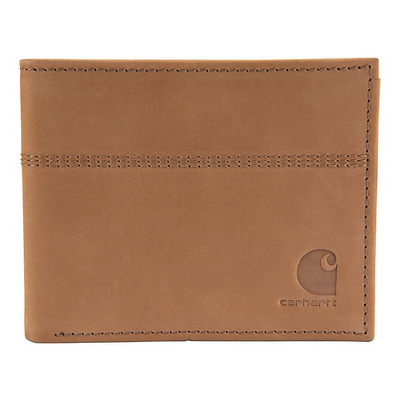 Saddle Leather Bifold Wallet Accessory front view, Tan leather bifold with contrasting tan stitching throughout and