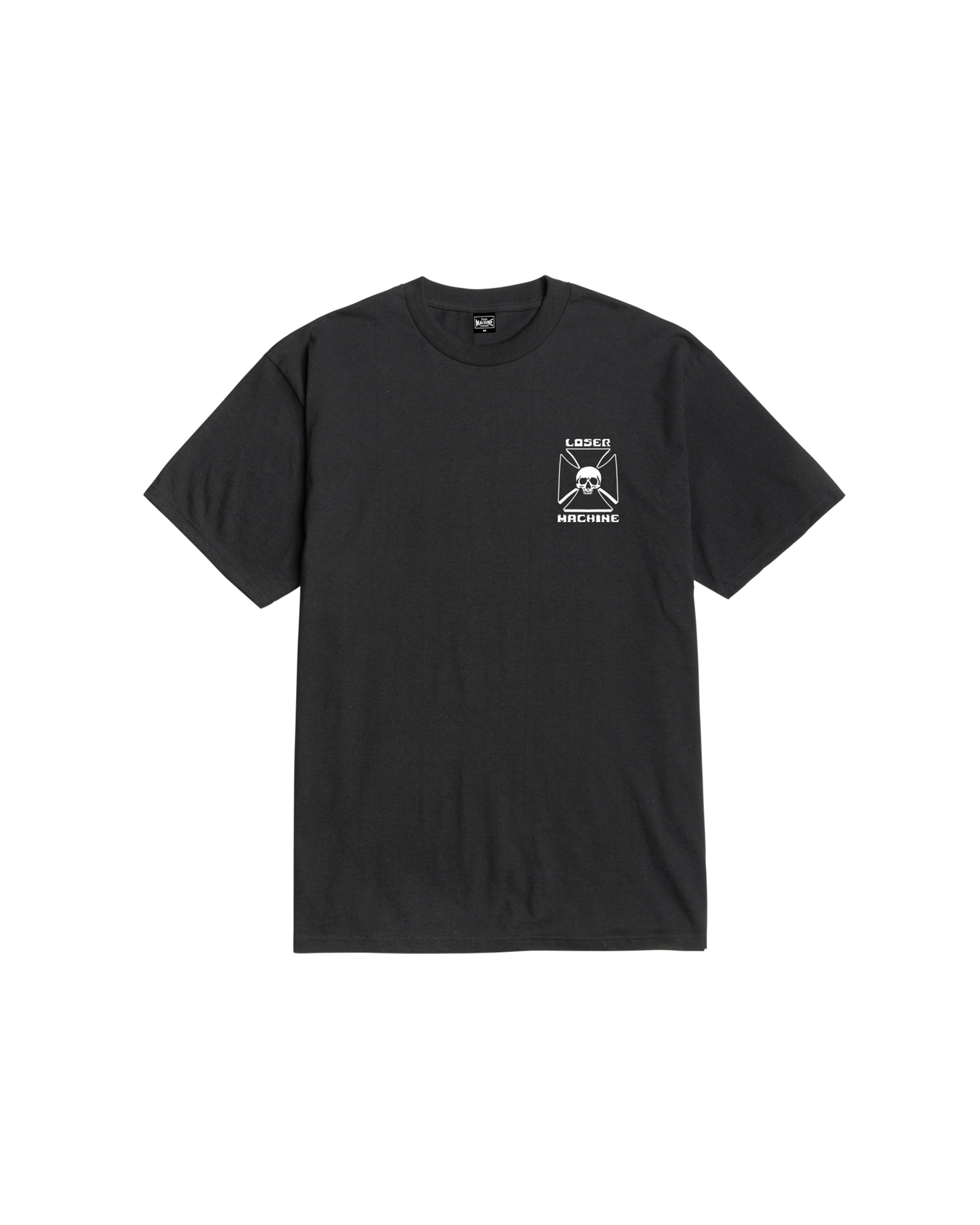 Close-up of Catacomb Black Tee showing Black tee with small white chest graphic featuring skull and crossbones in shield
