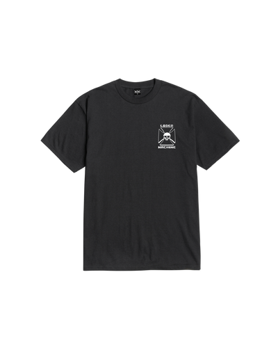 Close-up of Catacomb Black Tee showing Black tee with small white chest graphic featuring skull and crossbones in shield