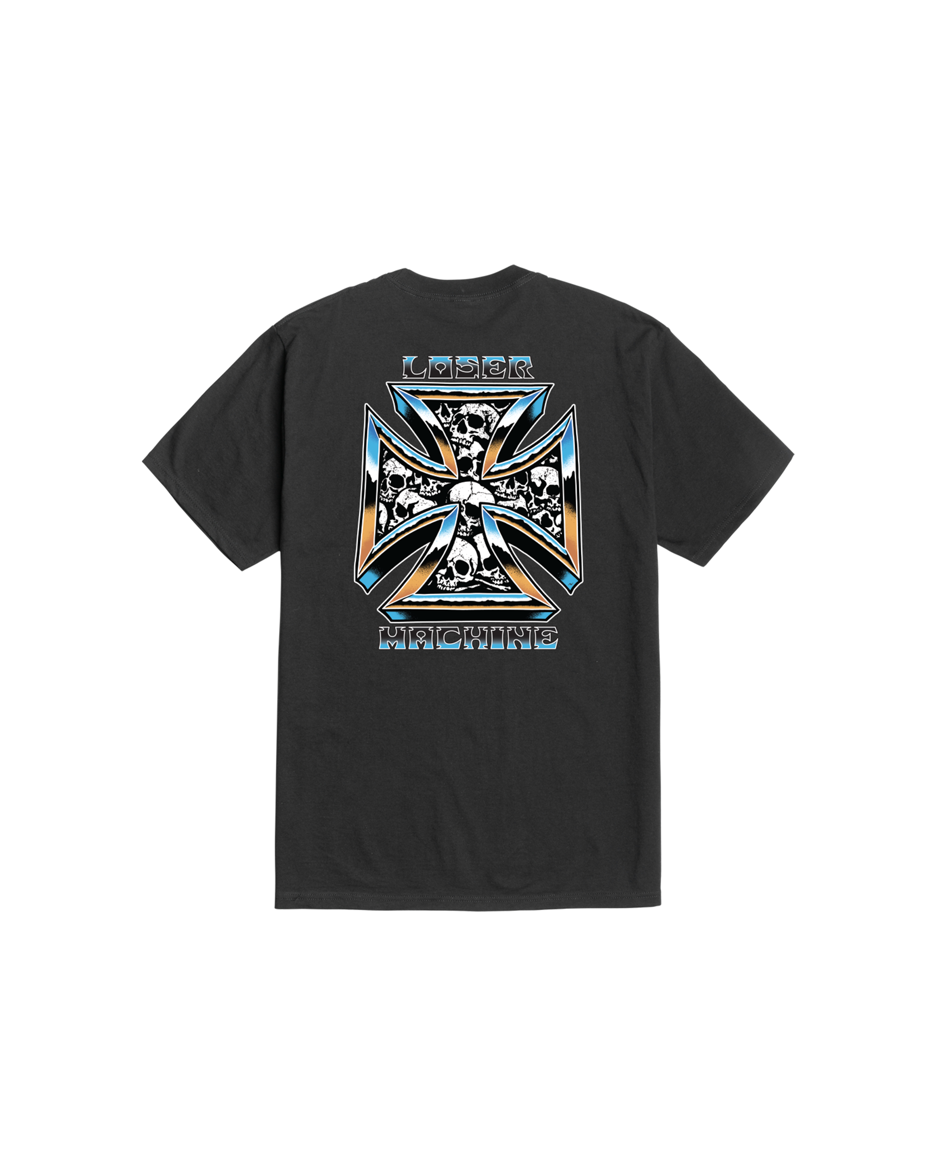 Catacomb front view, Black with blue and gold cross graphic filled with skulls, "Loser Machine" text above and below, Black