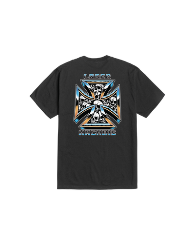 Catacomb front view, Black with blue and gold cross graphic filled with skulls, "Loser Machine" text above and below, Black