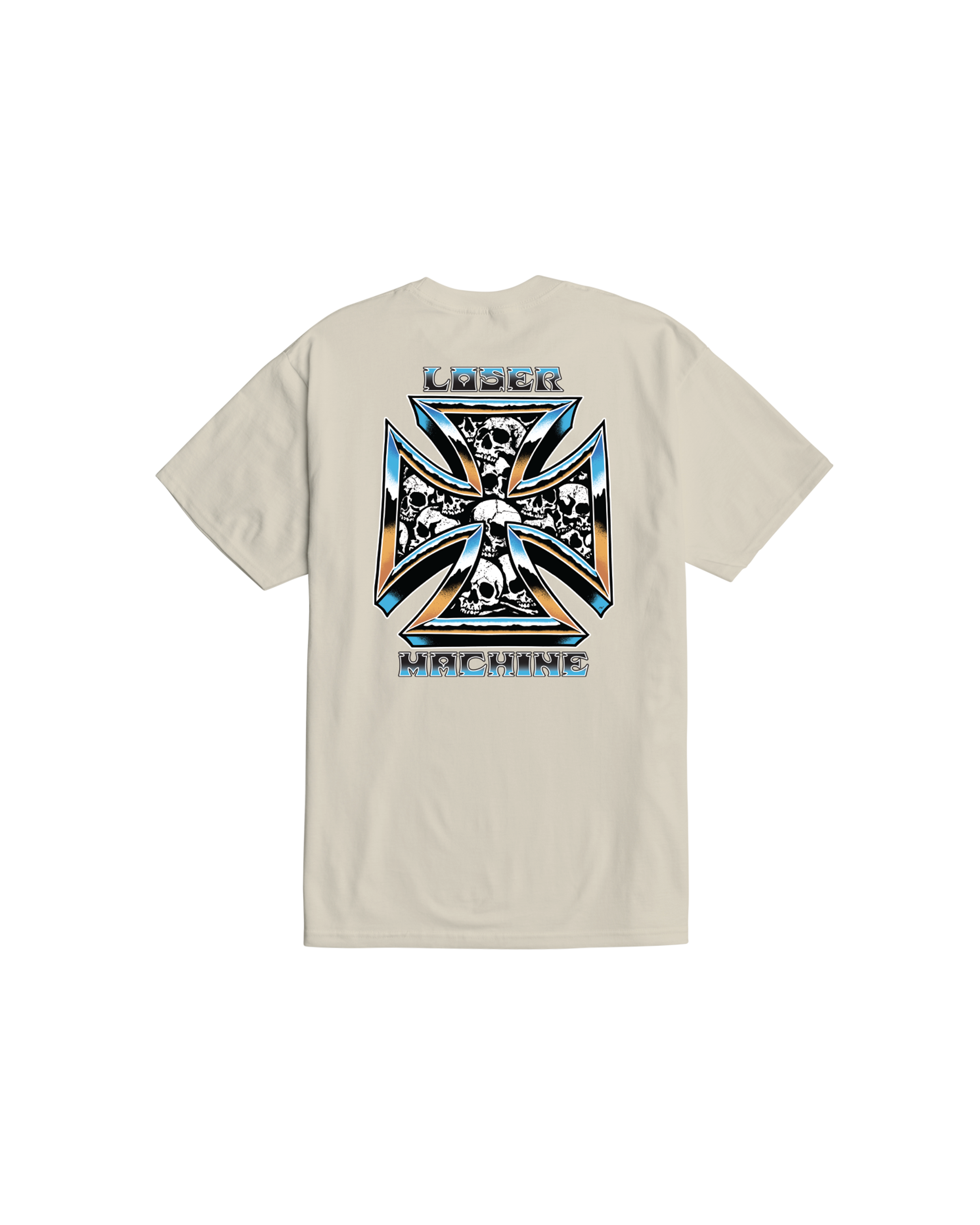 Back of Catacomb Black Tee, Cream with blue and orange cross graphic, skull motif fill, "LASER MACHINE" text above and below