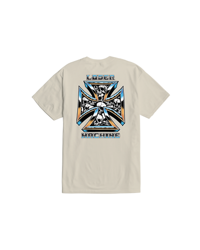 Back of Catacomb Black Tee, Cream with blue and orange cross graphic, skull motif fill, "LASER MACHINE" text above and below
