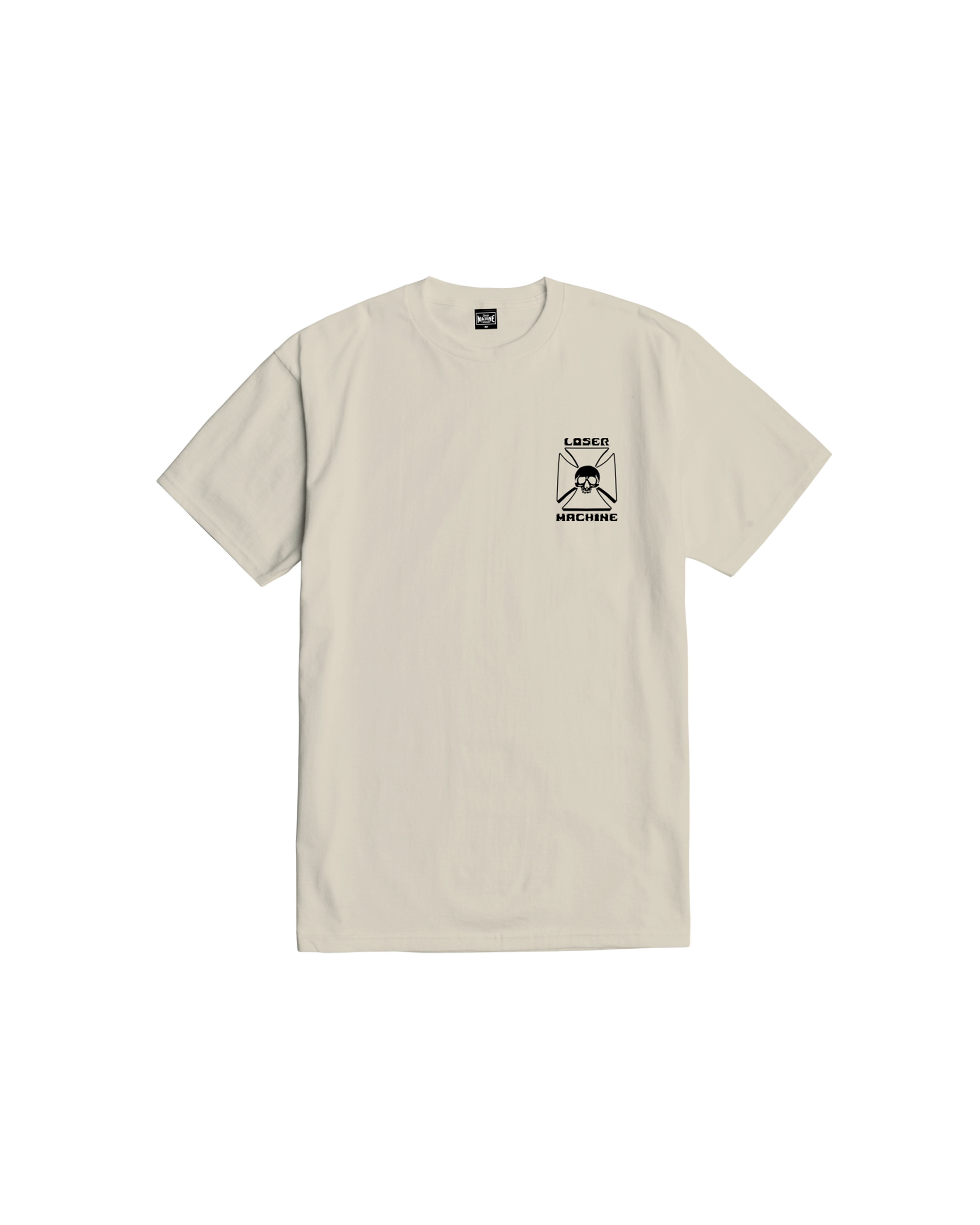 Close-up of Catacomb Black Tee showing Cream tee with small black chest print featuring skull and crossbones in geometric
