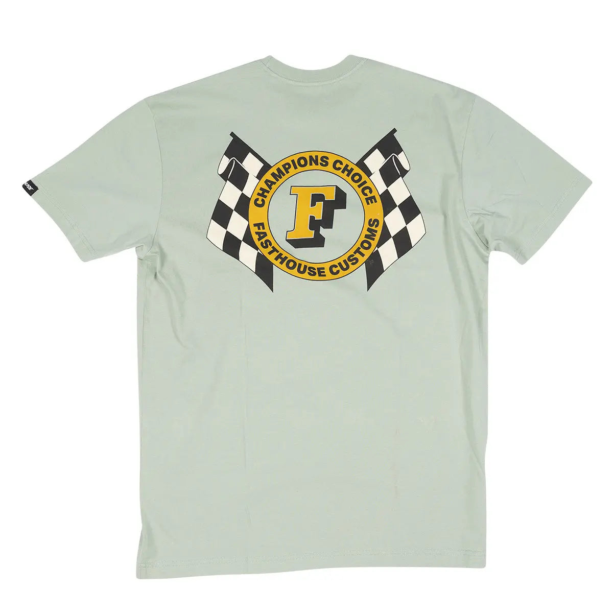 Champions Choice front view, Sage with yellow and black circular racing badge, checkered flags, and large gold F letter,