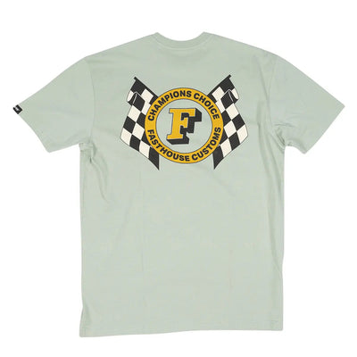 Champions Choice front view, Sage with yellow and black circular racing badge, checkered flags, and large gold F letter,