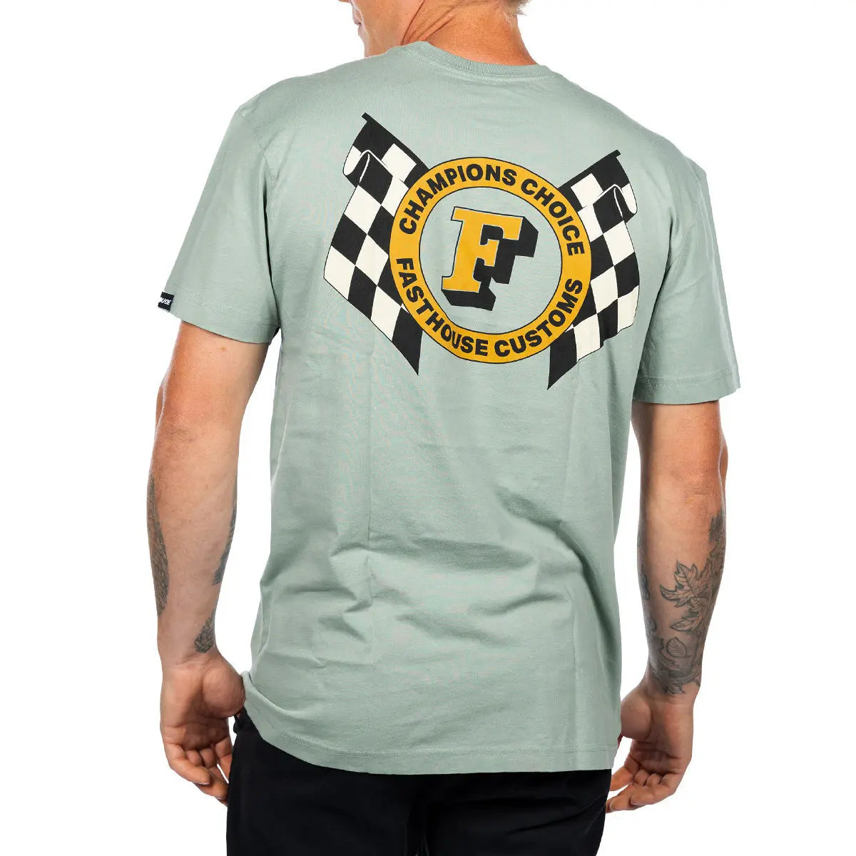 Person wearing Champions Choice Sage Tee, Man wearing sage tee against white background, showing back graphic - Slowride
