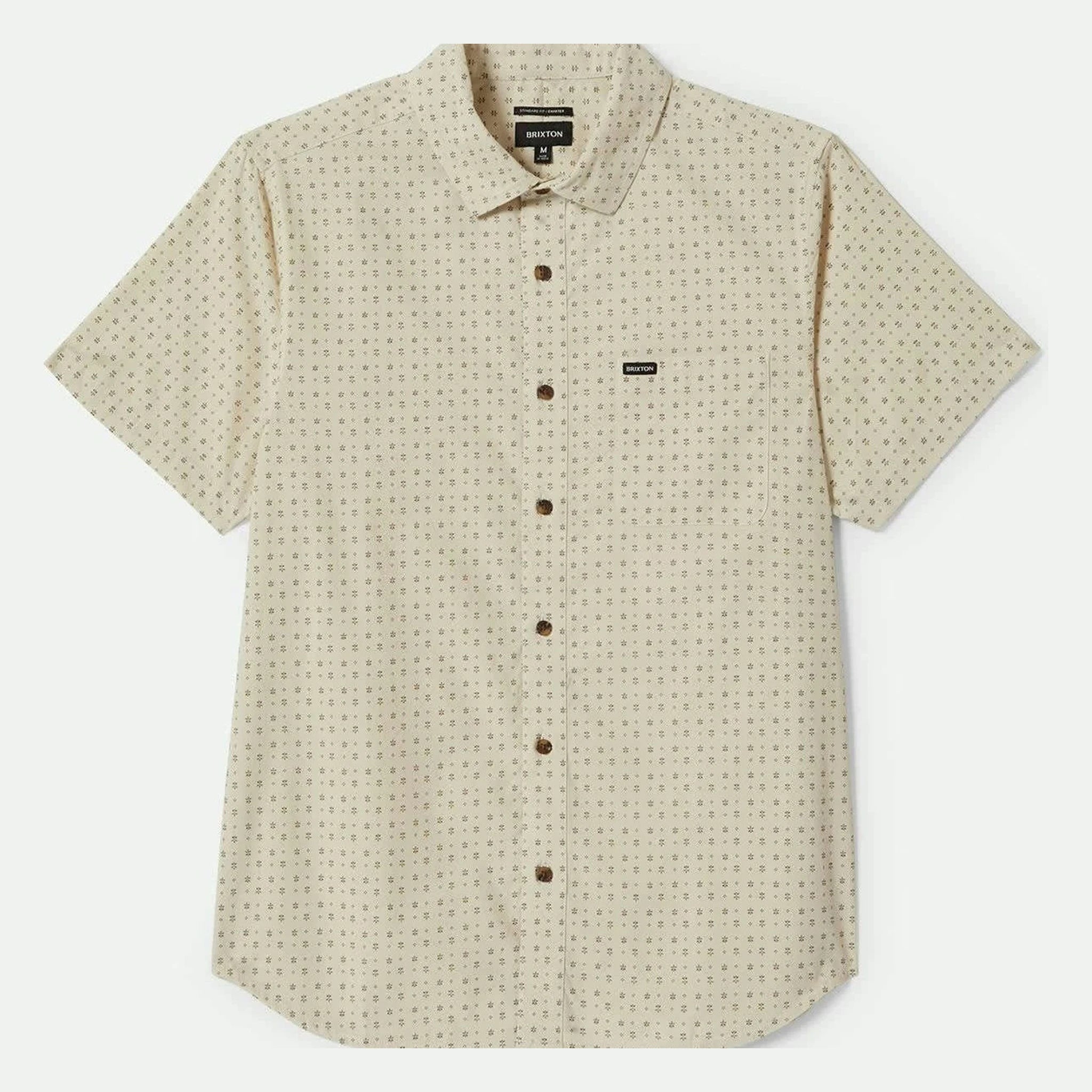 Charter Print S/s Woven Apparel front view, Cream with small geometric diamond and dot pattern throughout, brown coconut
