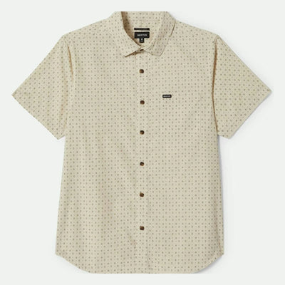 Charter Print S/s Woven Apparel front view, Cream with small geometric diamond and dot pattern throughout, brown coconut